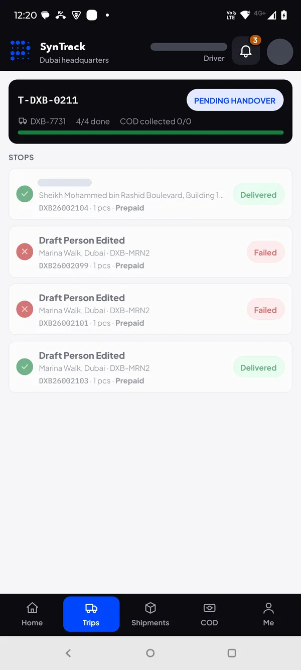 Courier driver app trip screen: trip progress, COD collected and the list of stops with delivered and failed status