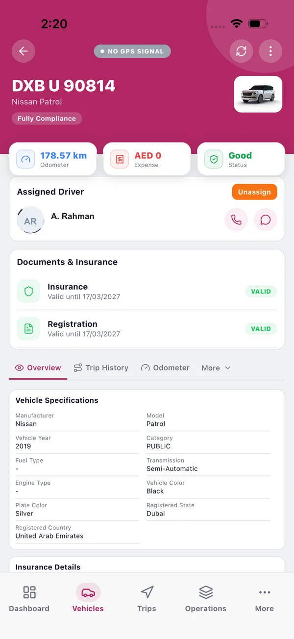 SynTrack Fleet driver mobile app showing a vehicle with odometer, assigned driver, insurance and registration validity and vehicle specifications