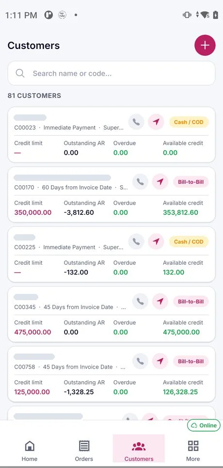 Van sales app Customers screen: payment terms, cash or bill-to-bill, credit limit, outstanding receivables, overdue and available credit per customer