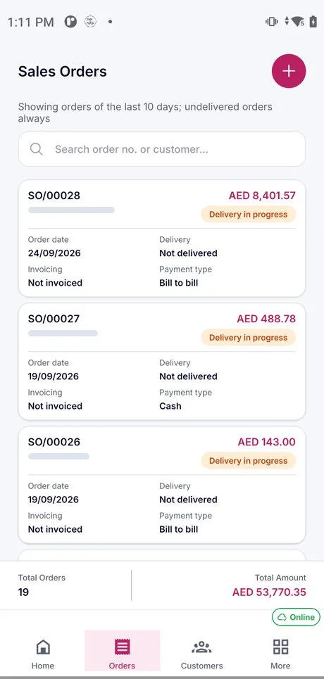 Van sales app Sales Orders screen: order numbers with amount, delivery status, invoicing status and payment type