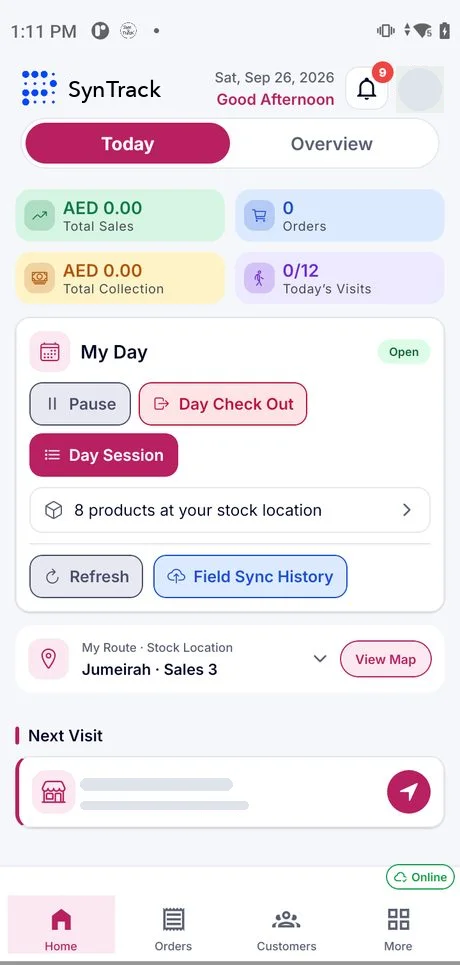 Van sales app home screen on an Android handheld: today's sales, collections, orders and visits, My Day controls, van stock location and the next customer visit